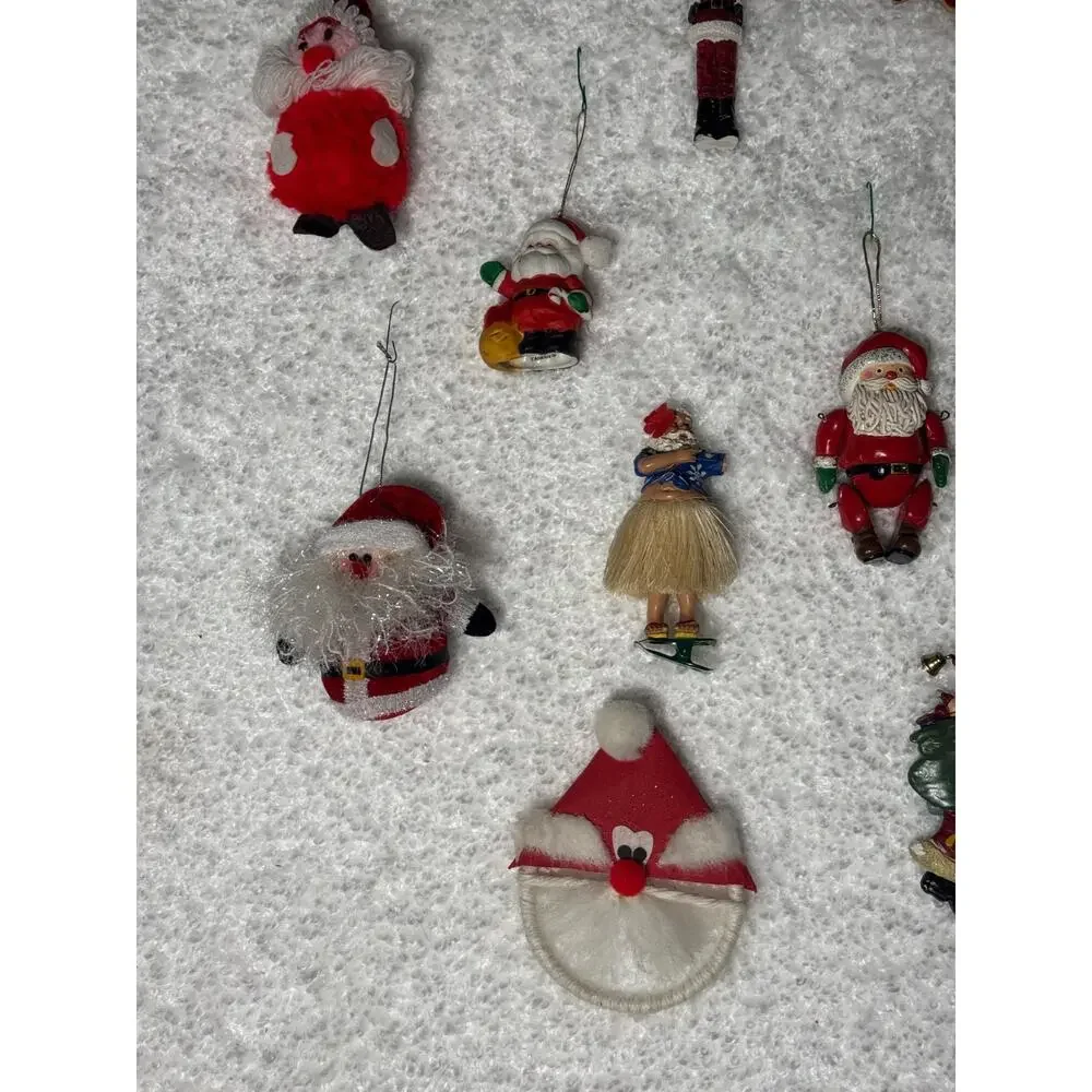 15 Santa Christmas Ornaments Crochet Macrame Bells, Clips, Vintage Handmade